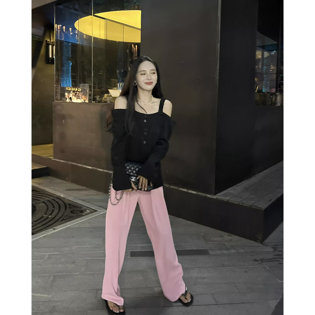 Áo Kiểu Trễ Vai Tay Dài Màu Đen Thời Trang Mùa Hè Cho Nữ