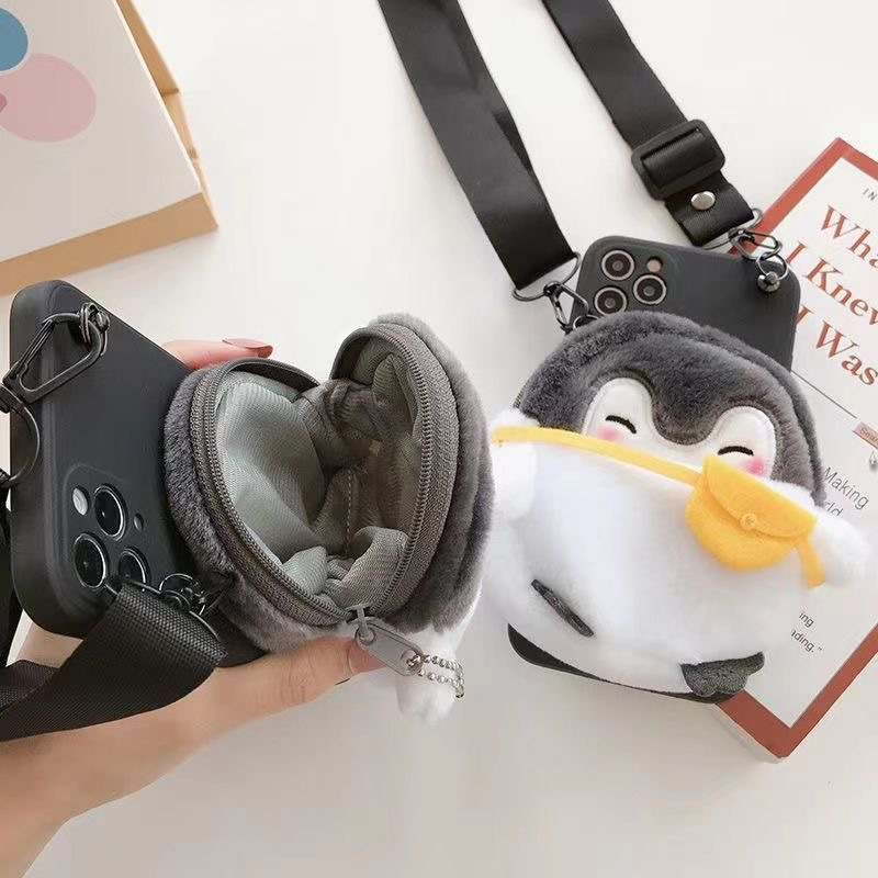 Ốp Điện Thoại Hình Chim Cánh Cụt Nhồi Bông Có Ngăn Đựng Thẻ Cho Iphone 14promax 13 pro max 12 pro max 11
