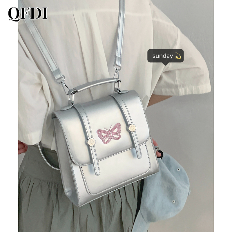QFDI Ba Lô Họa Tiết Bướm Màu Bạc Thời Trang Dành Cho Nữ