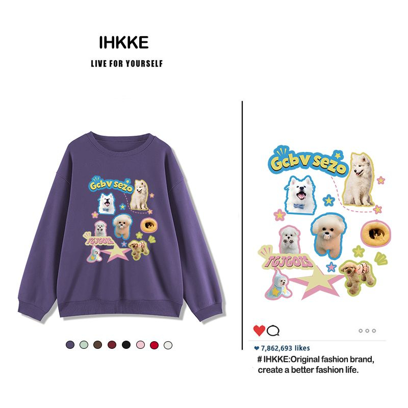 ihkke Áo Sweater Cổ Tròn Cỡ Lớn In Hình Chú Chó Tím Phong Cách Phương Tây Thời Trang Mùa Thu Mới Cho Nữ