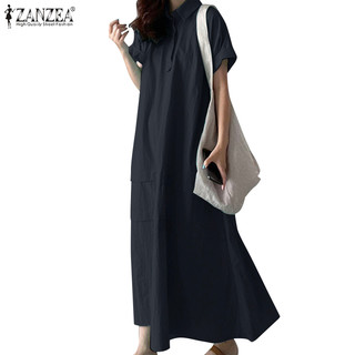 Đầm ZANZEA tay ngắn cổ tròn phong cách Hàn Quốc thời trang dành cho nữ