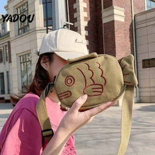 Túi đeo chéo vải canvas mềm thêu hình cá nhỏ dễ thương phong cách nhật bản
