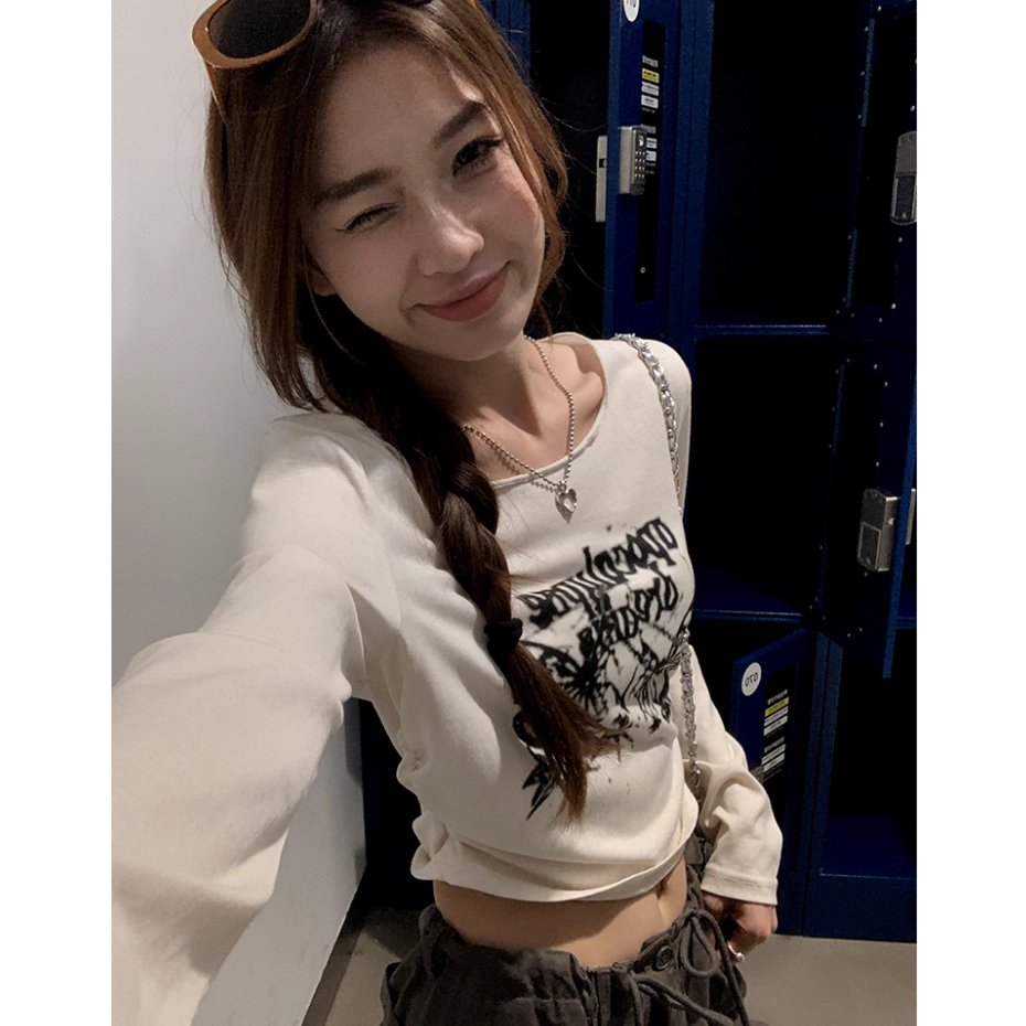 Áo Thun Tay Dài Dáng Ôm In Họa Tiết Phong Cách retro Mỹ Thời Trang Mùa Hè Cho Nữ
