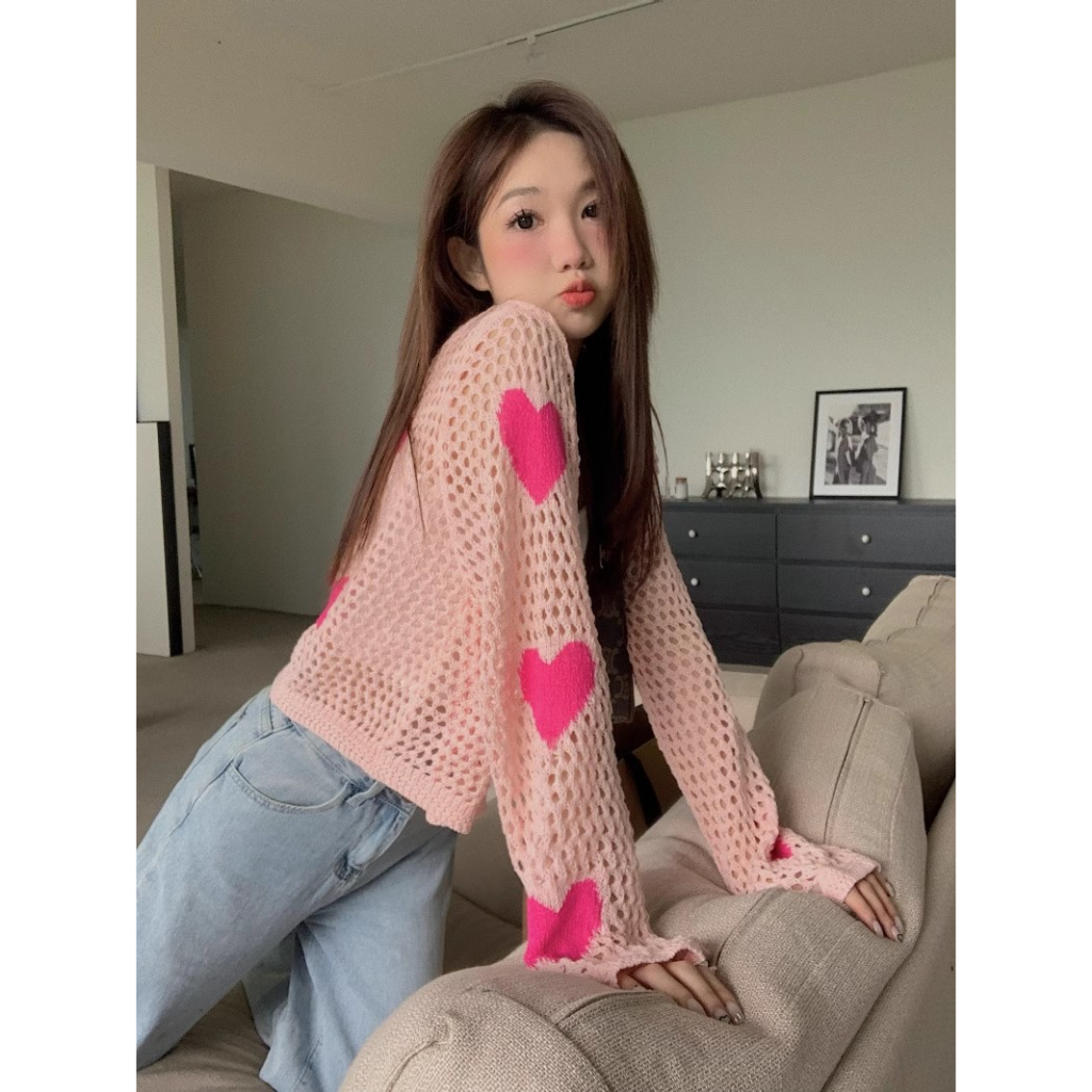Xiaozhainv Áo Khoác cardigan Dệt Kim Tay Dài Dáng Rộng Thêu Hình Trái Tim Thời Trang Mùa Thu Cho Nữ