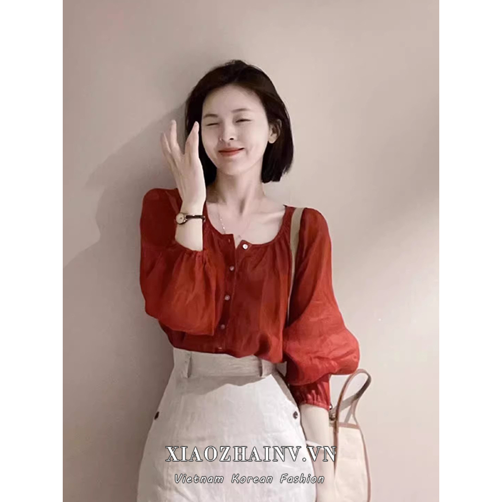 Xiaozhainv Áo Sơ Mi Nữ Tay Phồng Dáng Rộng Màu Đỏ Thời Trang Mùa Hè Phong Cách Pháp