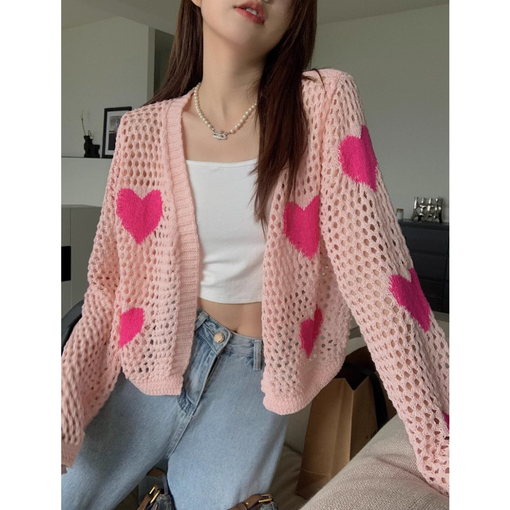 Xiaozhainv Áo Khoác cardigan Dệt Kim Tay Dài Dáng Rộng Thêu Hình Trái Tim Thời Trang Mùa Thu Cho Nữ