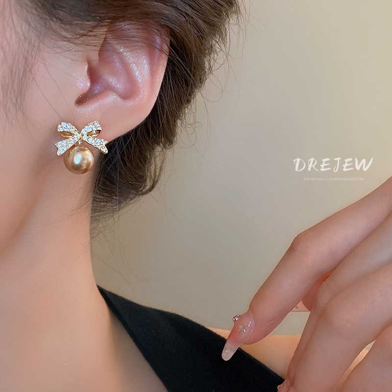 Bông Tai Mạ Bạc Hình Nơ Đính Ngọc Trai Sang Trọng Phong Cách retro