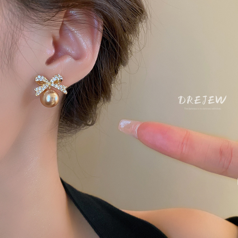 Bông Tai Mạ Bạc Hình Nơ Đính Ngọc Trai Sang Trọng Phong Cách retro