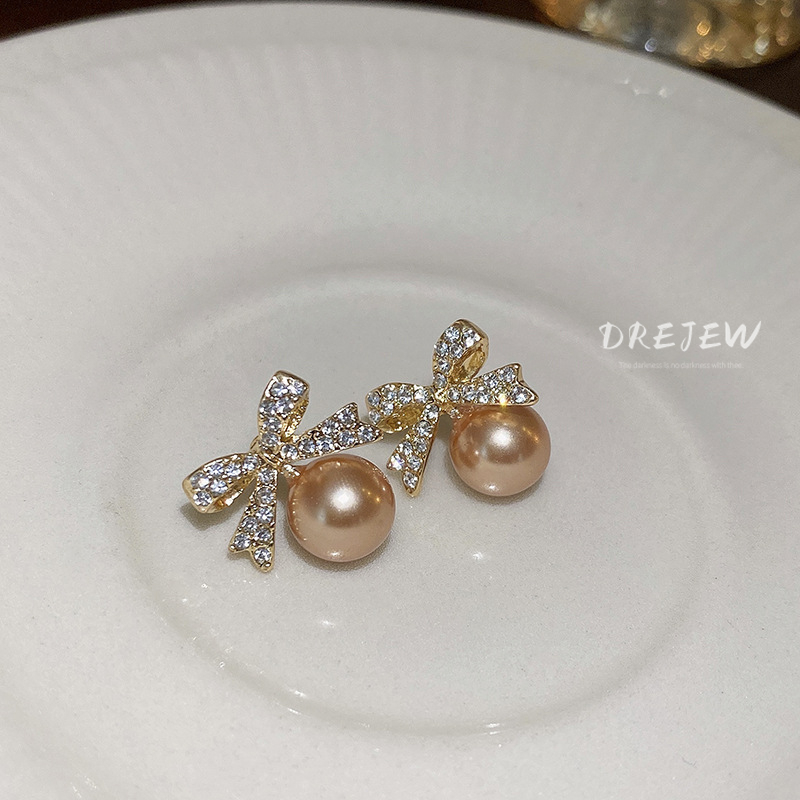 Bông Tai Mạ Bạc Hình Nơ Đính Ngọc Trai Sang Trọng Phong Cách retro