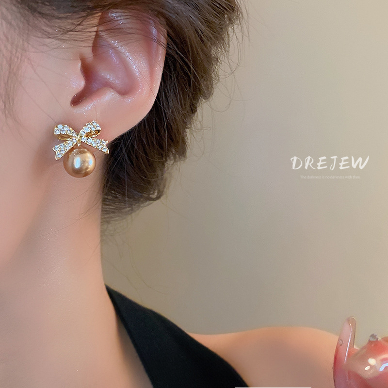 Bông Tai Mạ Bạc Hình Nơ Đính Ngọc Trai Sang Trọng Phong Cách retro