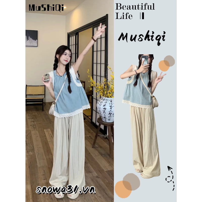 Áo Denim Không Tay Phối Ren Và Quần ống rộng Thời Trang Mới Cho Nữ
