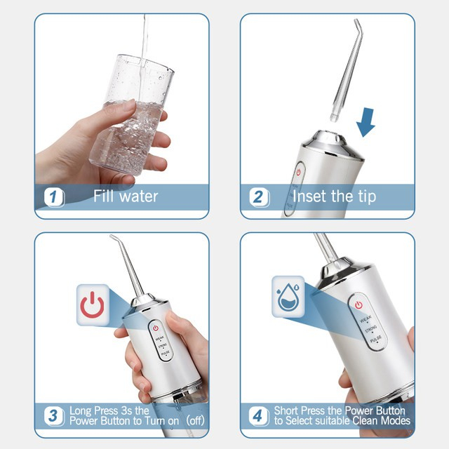 Máy tăm nước cầm tay du lịch Oral Irrigator Water Flosser 4 Heads 220ML Oral Irrigator Rechargeable 3 Modes Water Flosser Cordless