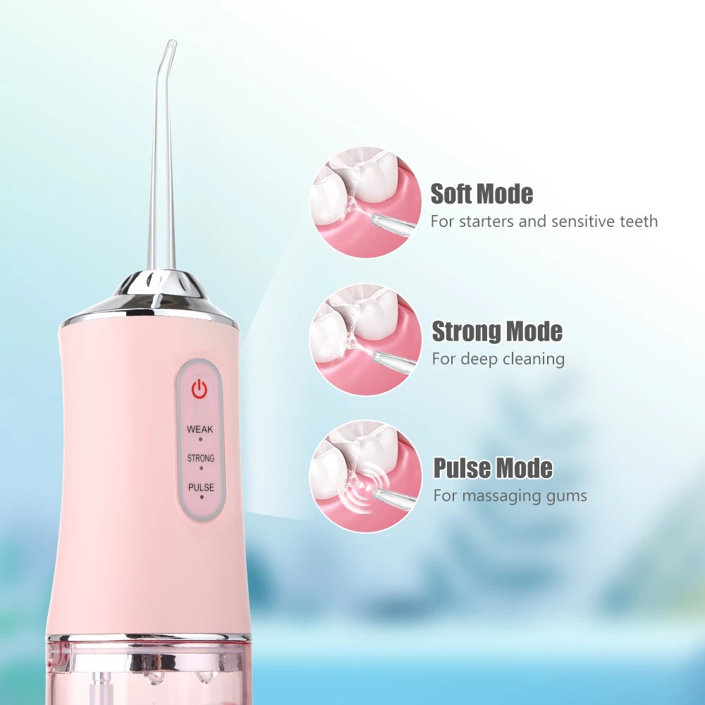 Máy tăm nước cầm tay du lịch Oral Irrigator Water Flosser 4 Heads 220ML Oral Irrigator Rechargeable 3 Modes Water Flosser Cordless