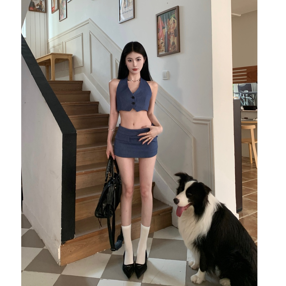 「Nonfatgirl」Áo Cổ Yếm Sát Nách Màu Trơn + Chân Váy Ngắn Ôm Hông Gợi Cảm Phong Cách Retro Mỹ Cho Nữ Mua Sắm