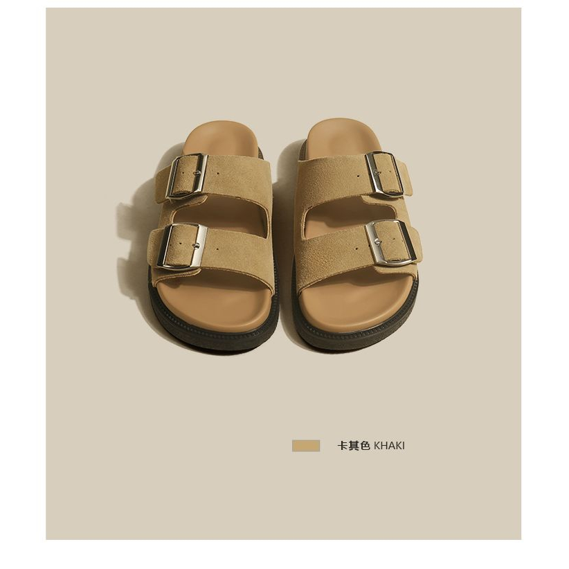 Dép Đế Dày Quai Ngang Đính Khóa Tròn Hai Dây Phong Cách Retro Cho Nữ
