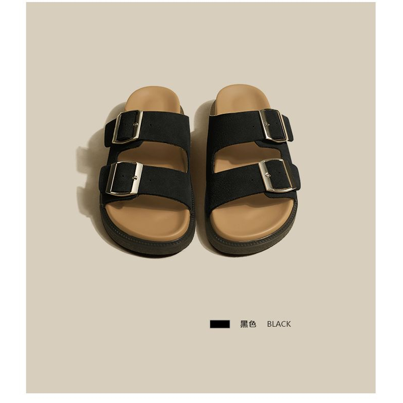 Dép Đế Dày Quai Ngang Đính Khóa Tròn Hai Dây Phong Cách Retro Cho Nữ