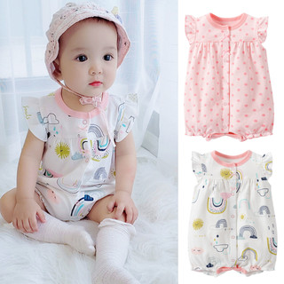 Bộ áo liền quần tay ngắn cài nút in họa tiết dễ thương thời trang mùa hè cho bé gái sơ sinh từ 0 -