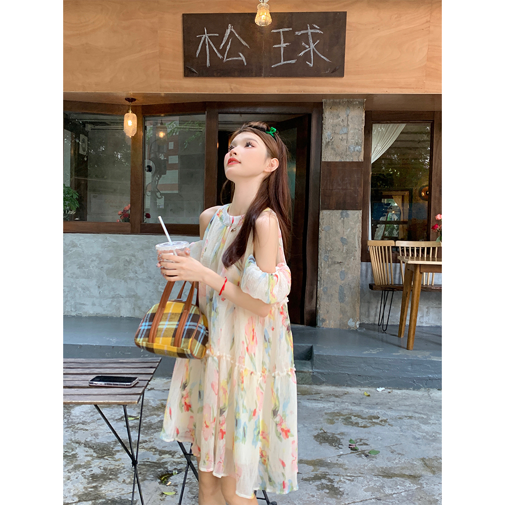 Đầm Hoa Trễ Vai Mùa Hè Dáng Chữ A Rộng Và Mỏng Thiết Kế Tươi Mới Cho Nữ