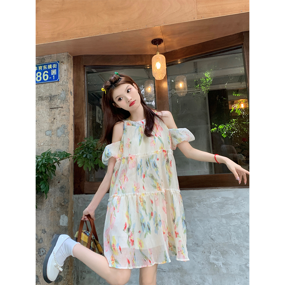 Đầm Hoa Trễ Vai Mùa Hè Dáng Chữ A Rộng Và Mỏng Thiết Kế Tươi Mới Cho Nữ