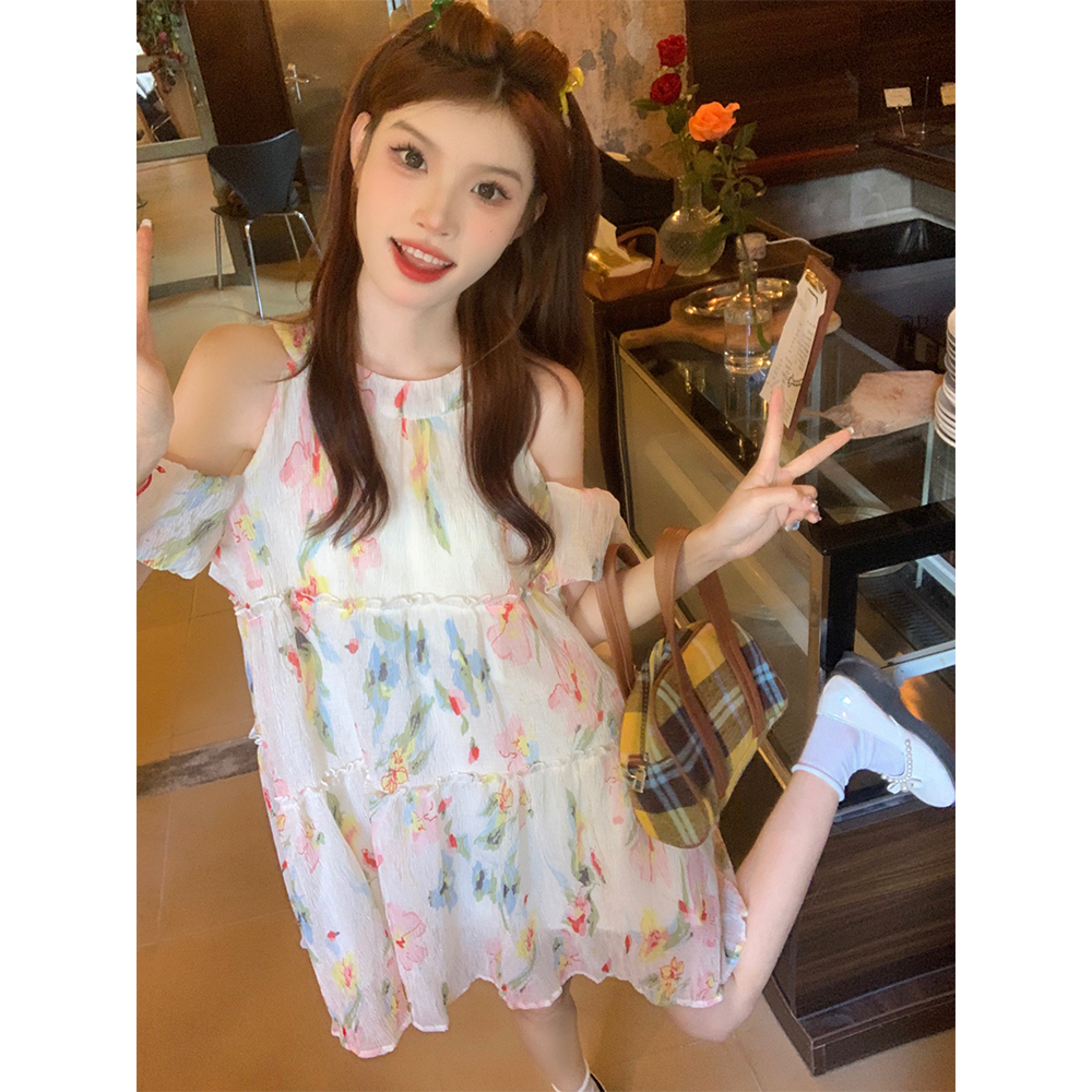 Đầm Hoa Trễ Vai Mùa Hè Dáng Chữ A Rộng Và Mỏng Thiết Kế Tươi Mới Cho Nữ