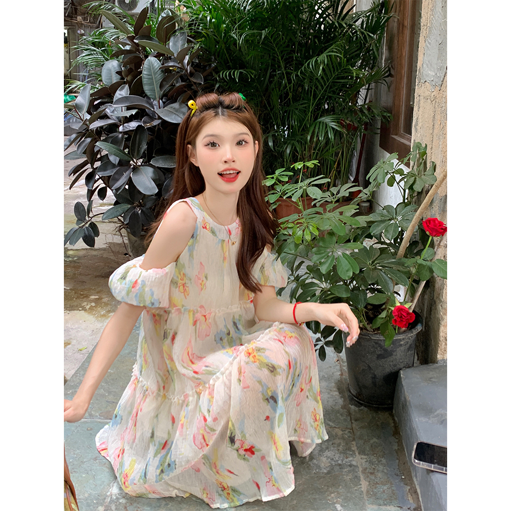 Đầm Hoa Trễ Vai Mùa Hè Dáng Chữ A Rộng Và Mỏng Thiết Kế Tươi Mới Cho Nữ