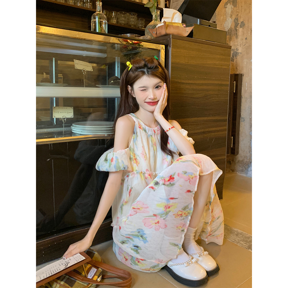 Đầm Hoa Trễ Vai Mùa Hè Dáng Chữ A Rộng Và Mỏng Thiết Kế Tươi Mới Cho Nữ