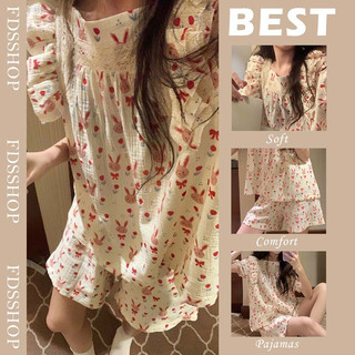 Bộ đồ ngủ FDS gồm quần short và tay ngắn phối ren kiểu thỏ thắt nơ phong cách Hàn Quốc thời trang mùa hè cho nữ