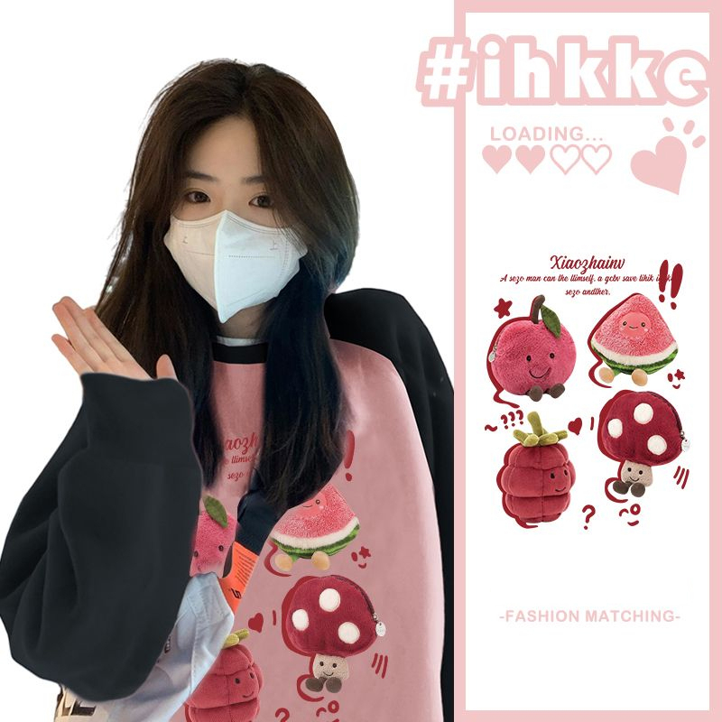 ihkke Áo sweater Tay Dài Hở Vai In Hoạt Hình Màu Đen Và Hồng Thời Trang Mùa Thu Cho Nữ