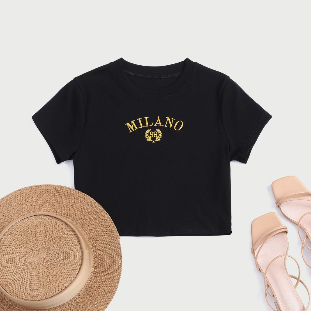 DUNEA Áo croptop ngắn tay thêu chữ xinh xắn thời trang dành cho nữ