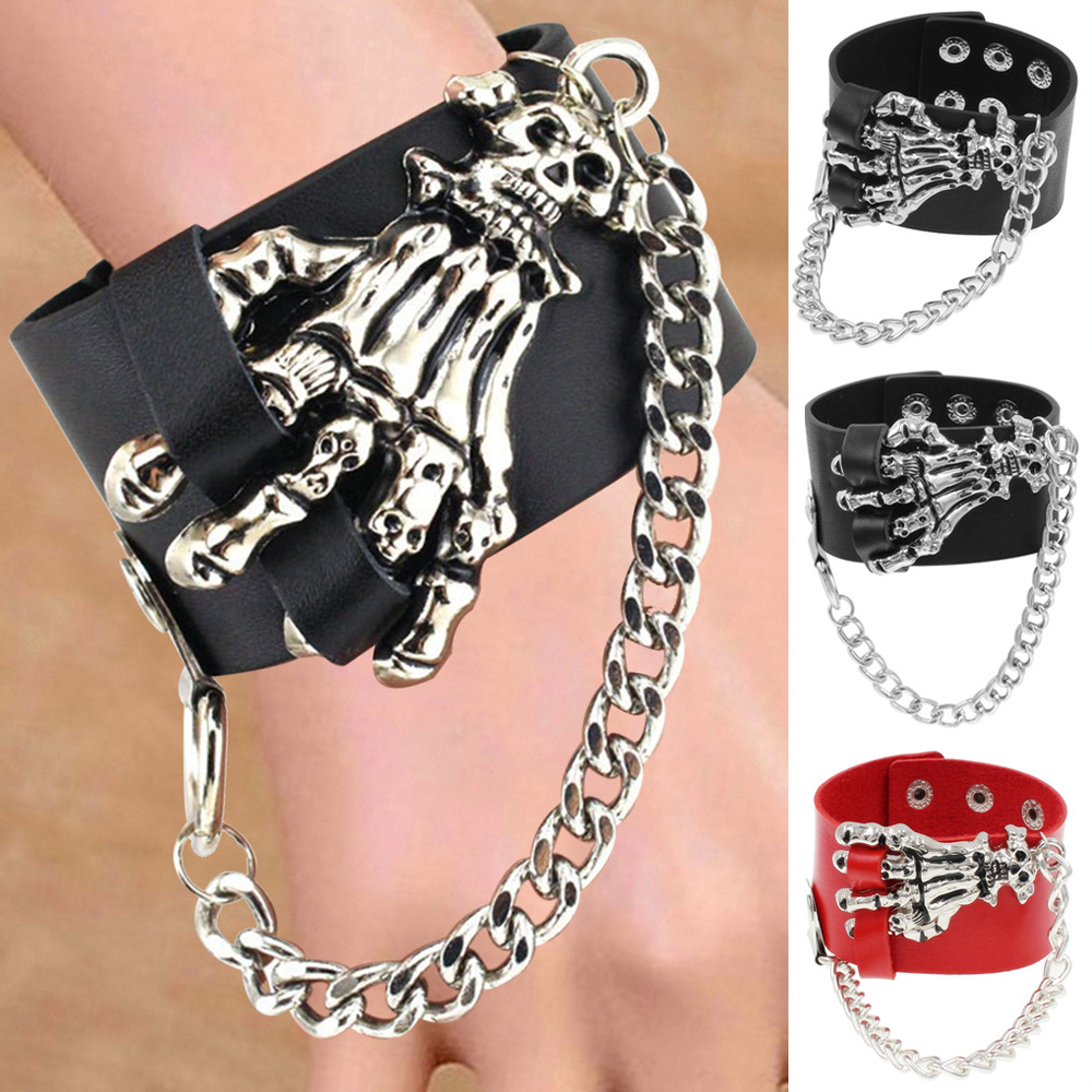 Vòng tay da mặt hình đầu lâu phong cách gothic nhiều màu sắc cho nam và nữ