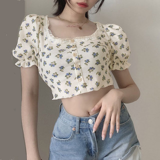 【WANG JIAO ZHAN】 Áo Croptop tay phồng cổ vuông họa tiết hoa thời trang【37】