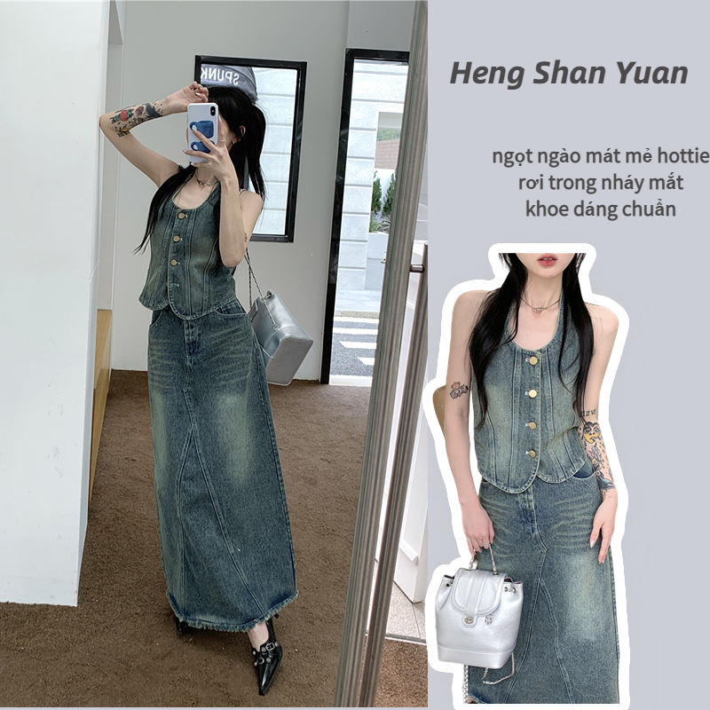 Bộ Áo Khoác denim Không Tay + Chân váy jean Lưng Cao Xinh Xắn Theo Phong Cách Hàn Quốc