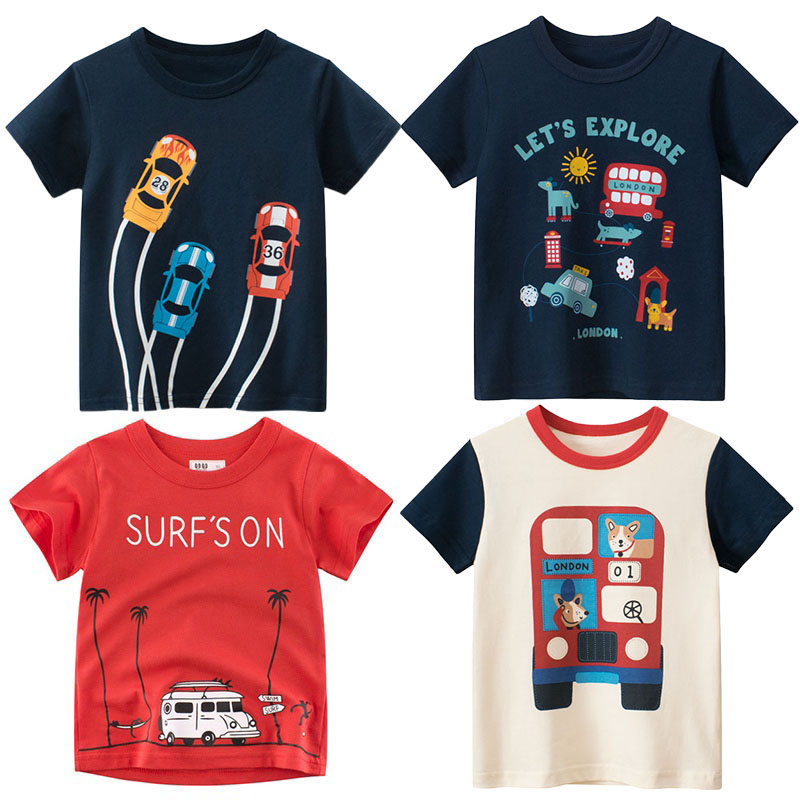 Áo Thun Cotton Tay Ngắn In Hình Xe Hơi Hoạt Hình 3D 4 Màu Thời Trang Mùa Hè Dành Cho Trẻ Em