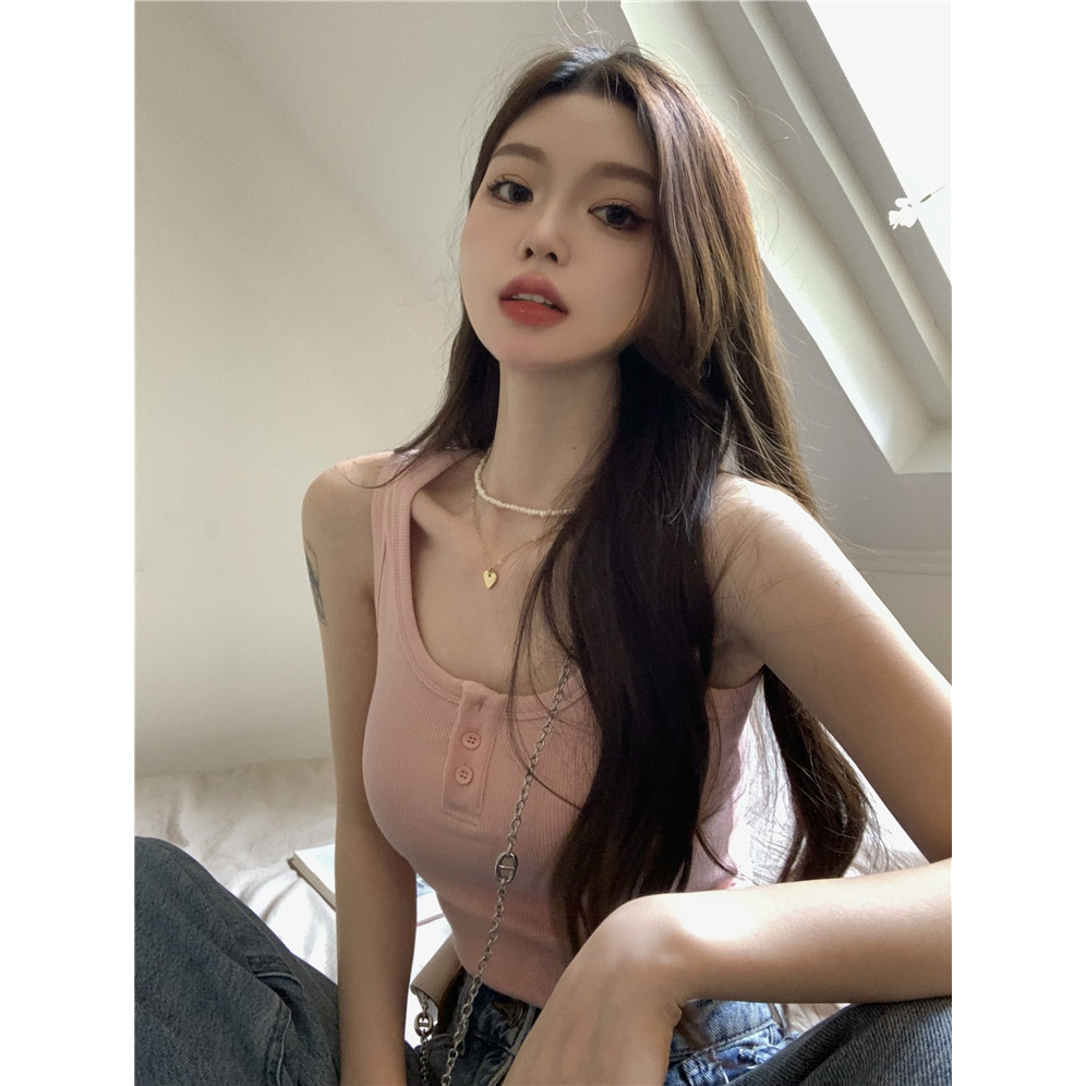 CHU MAN JIA  Áo Hai Dây Ngắn Cổ Chữ U Màu Hồng Ngọt Ngào Thời Trang Mùa Hè Dành Cho Nữ