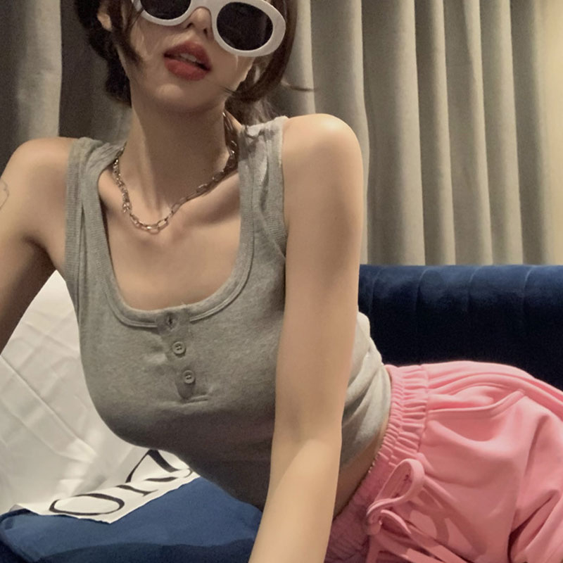 CHU MAN JIA  Áo Hai Dây Ngắn Cổ Chữ U Màu Hồng Ngọt Ngào Thời Trang Mùa Hè Dành Cho Nữ