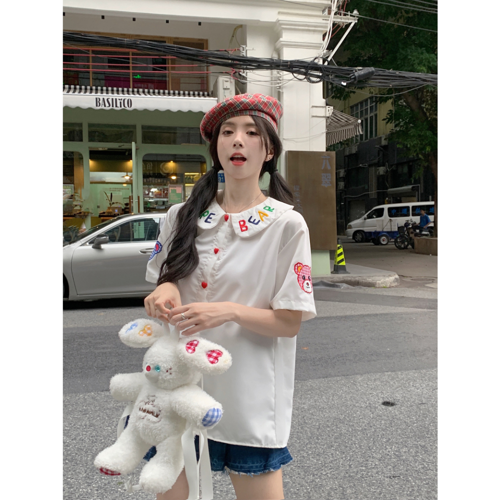 Áo Sơ Mi Ngắn Tay Thêu Hình Gấu teddy Phong Cách Vintage Nữ Tính
