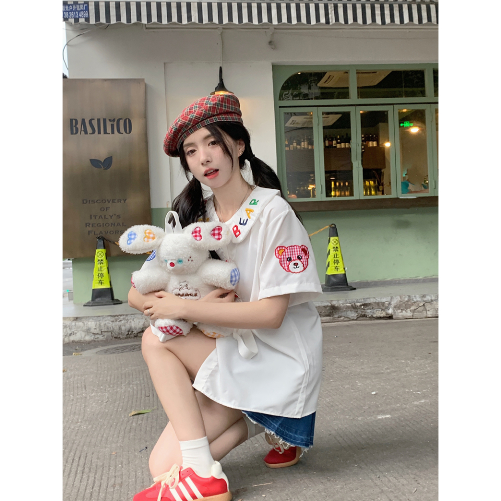 Áo Sơ Mi Ngắn Tay Thêu Hình Gấu teddy Phong Cách Vintage Nữ Tính