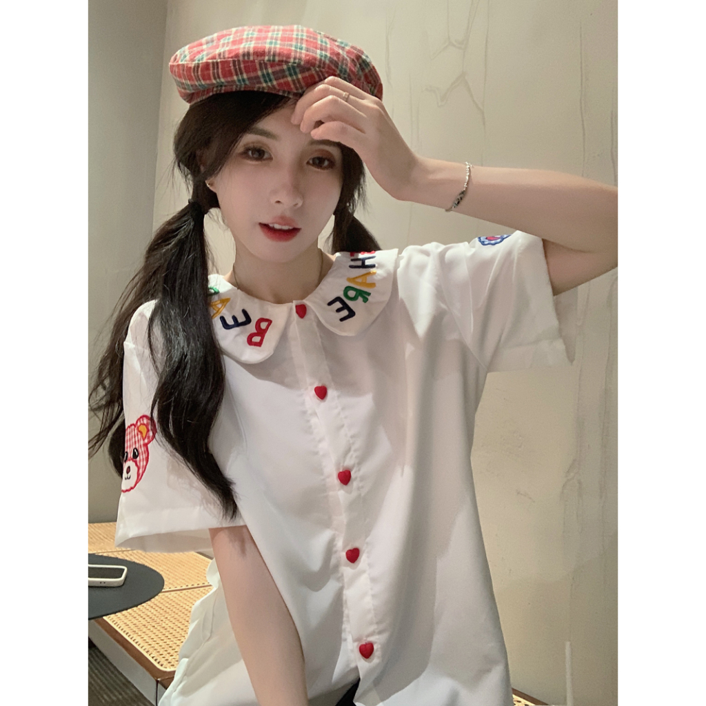 Áo Sơ Mi Ngắn Tay Thêu Hình Gấu teddy Phong Cách Vintage Nữ Tính
