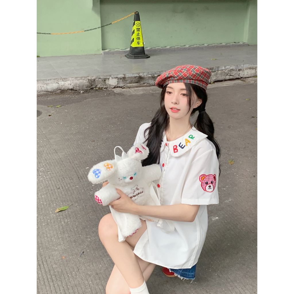 Áo Sơ Mi Ngắn Tay Thêu Hình Gấu teddy Phong Cách Vintage Nữ Tính