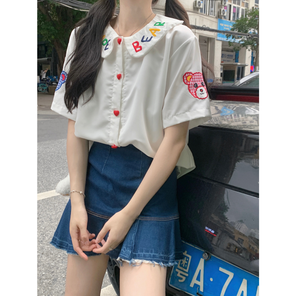 Áo Sơ Mi Ngắn Tay Thêu Hình Gấu teddy Phong Cách Vintage Nữ Tính