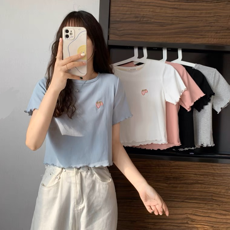 【WANG JIAO ZHAN】 Áo croptop thun ngắn thêu họa tiết xinh xắn dành cho bạn nữ