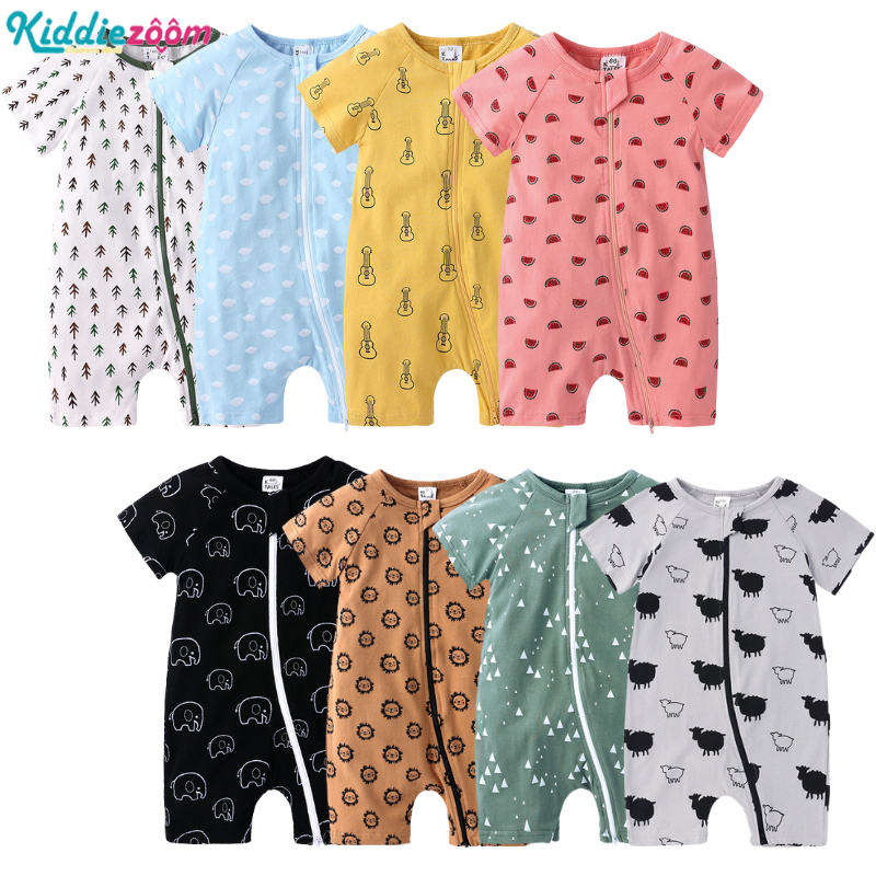 Bộ Áo Liền Quần Bằng Cotton Tay Ngắn Có Khóa Kéo In Họa Tiết Hoạt Hình Dễ Thương Thời Trang Mùa Hè Cho Bé Sơ Sinh