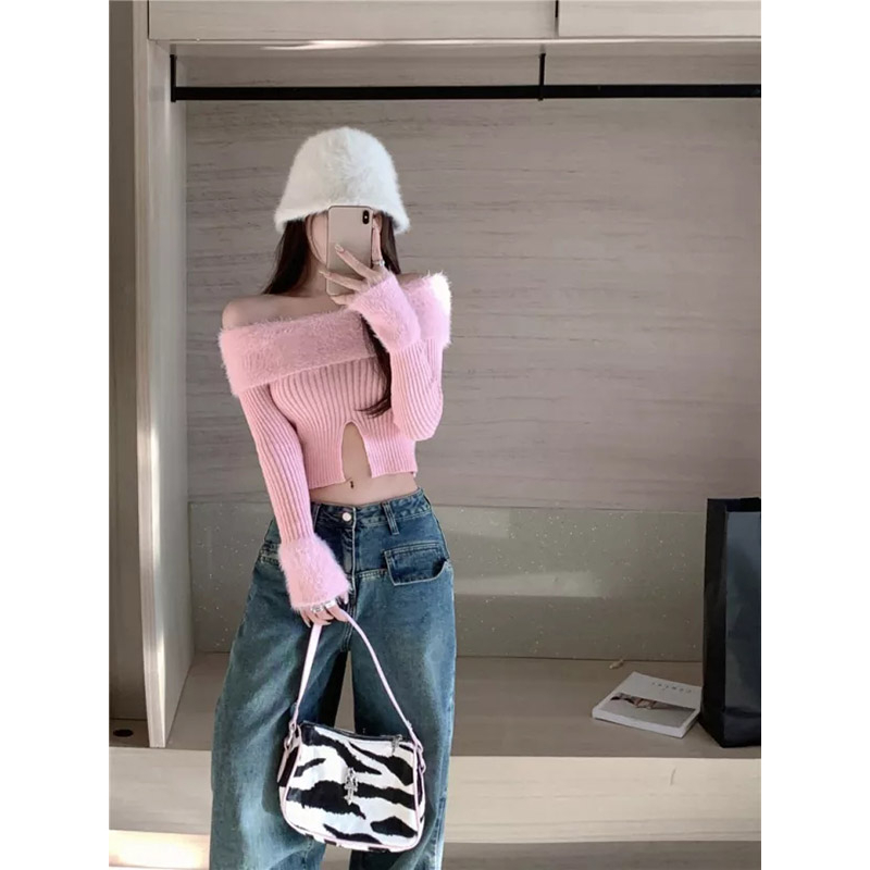 PINXIANG Áo sweater Dài Tay Lệch Vai Thiết Kế Ghép Nối Mới Cho Nữ