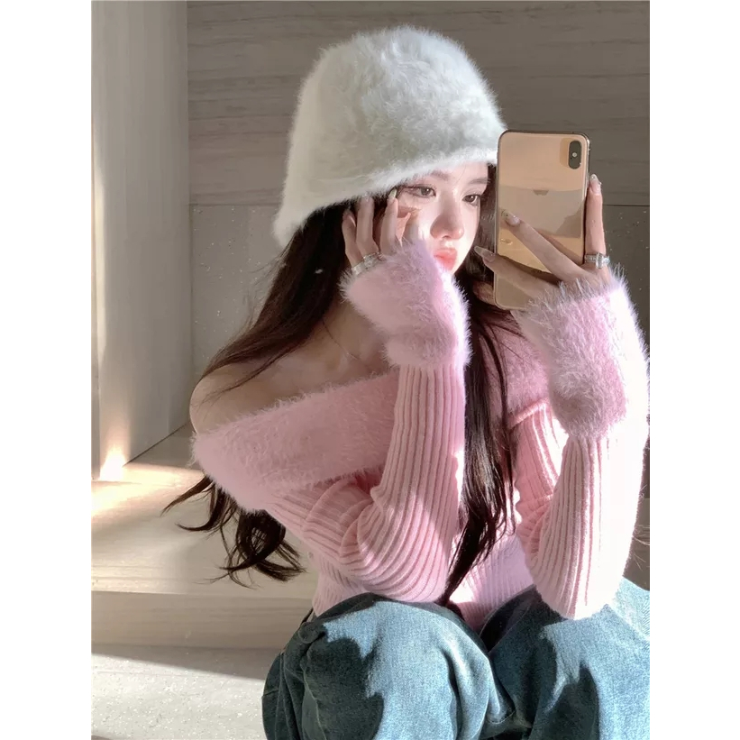 PINXIANG Áo sweater Dài Tay Lệch Vai Thiết Kế Ghép Nối Mới Cho Nữ