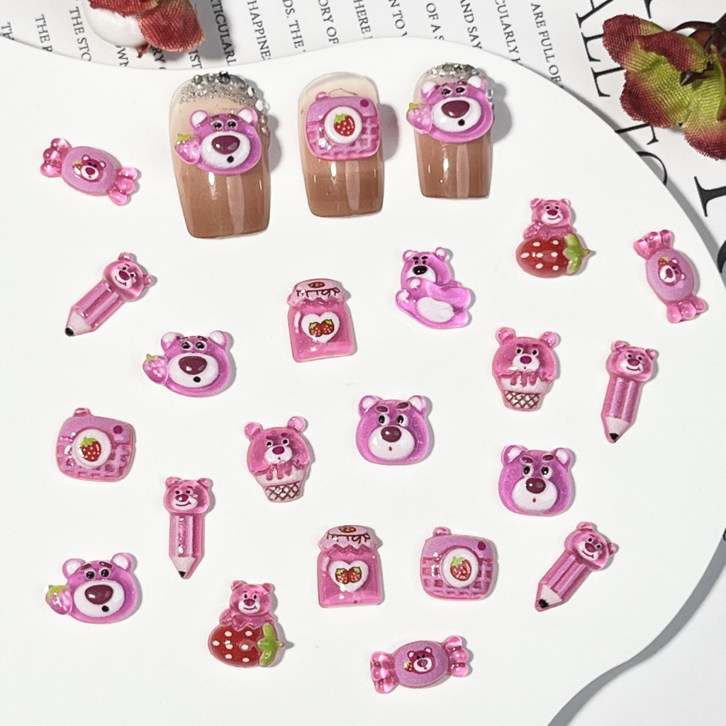 Set 50 phụ kiện trang trí móng tay ROU BAO 3D trong suốt hình gấu / dâu tây dễ thương DIY