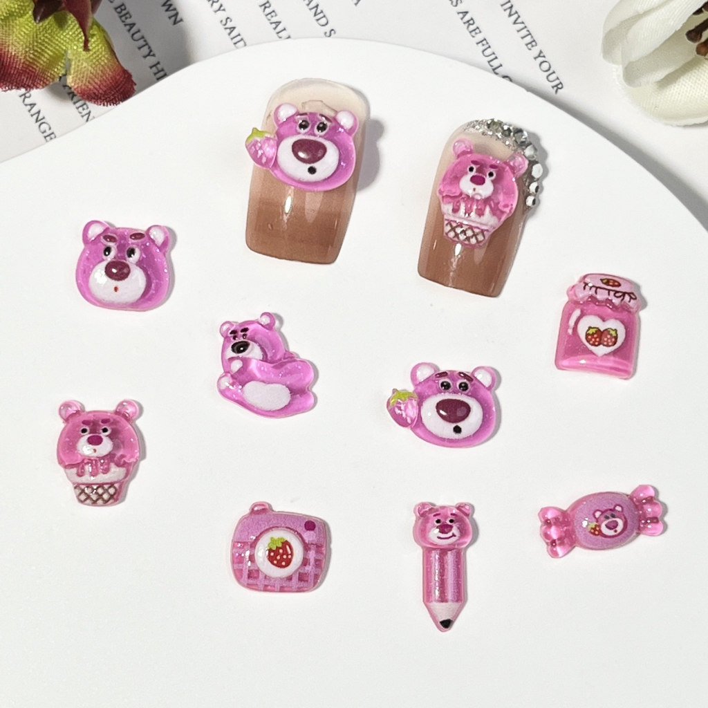 Set 50 phụ kiện trang trí móng tay ROU BAO 3D trong suốt hình gấu / dâu tây dễ thương DIY