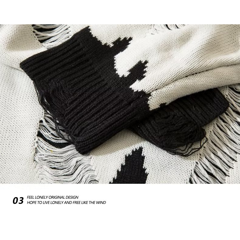 Áo Sweater Dệt Kim Tay Dài Dáng Rộng Màu Trắng Đen Phối Rách Thời Trang Xuân Thu Cho Nam Và Nữ