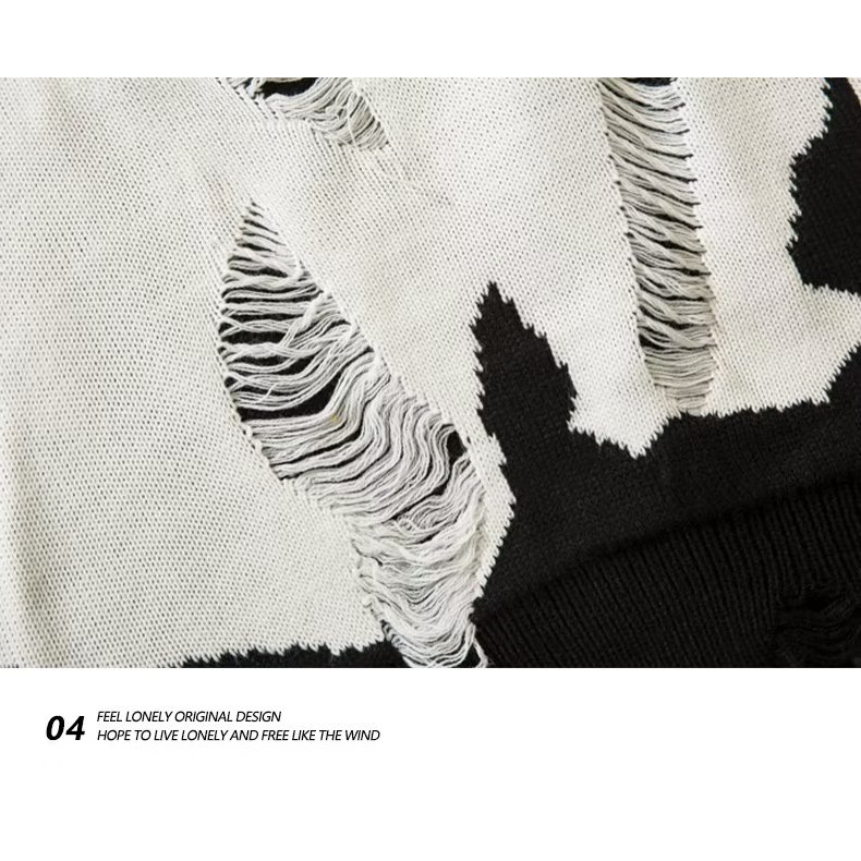 Áo Sweater Dệt Kim Tay Dài Dáng Rộng Màu Trắng Đen Phối Rách Thời Trang Xuân Thu Cho Nam Và Nữ