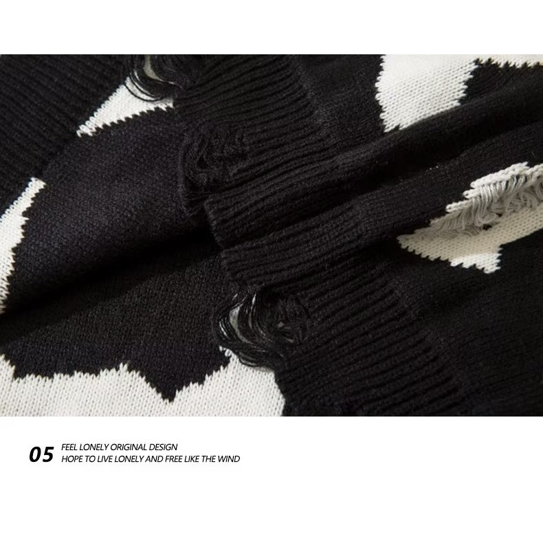 Áo Sweater Dệt Kim Tay Dài Dáng Rộng Màu Trắng Đen Phối Rách Thời Trang Xuân Thu Cho Nam Và Nữ