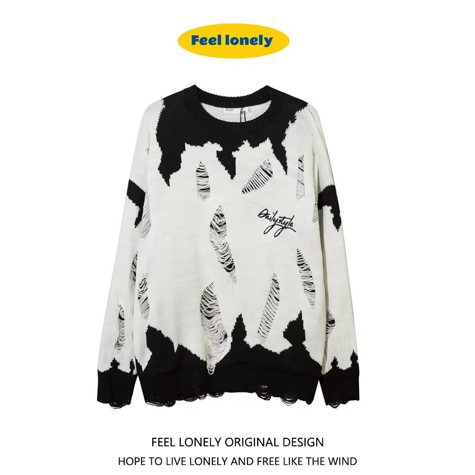 Áo Sweater Dệt Kim Tay Dài Dáng Rộng Màu Trắng Đen Phối Rách Thời Trang Xuân Thu Cho Nam Và Nữ